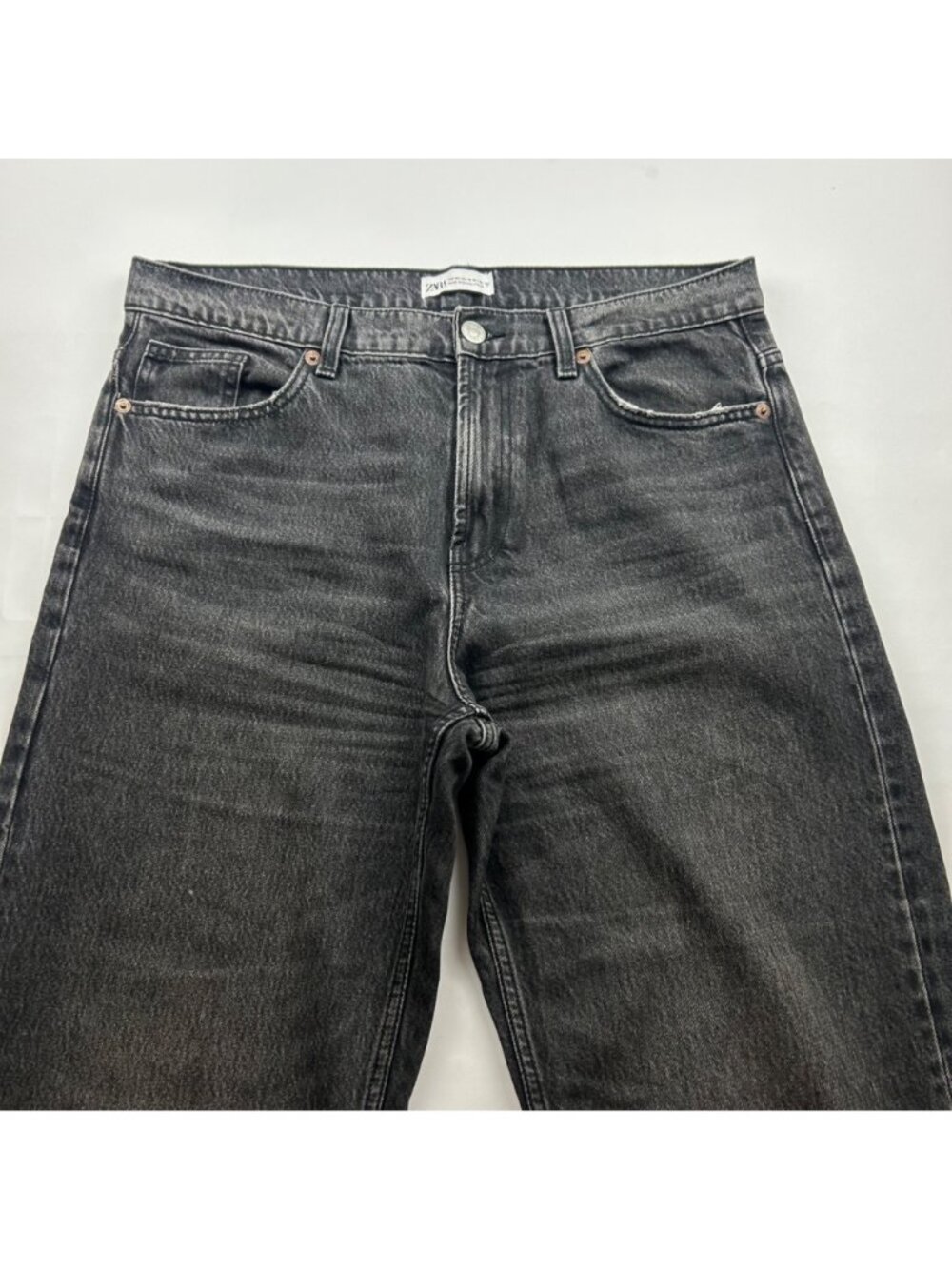 LONG Zara Washed Black Denim High Rise Wide Leg Jeans 10 - Picture 2 of 6